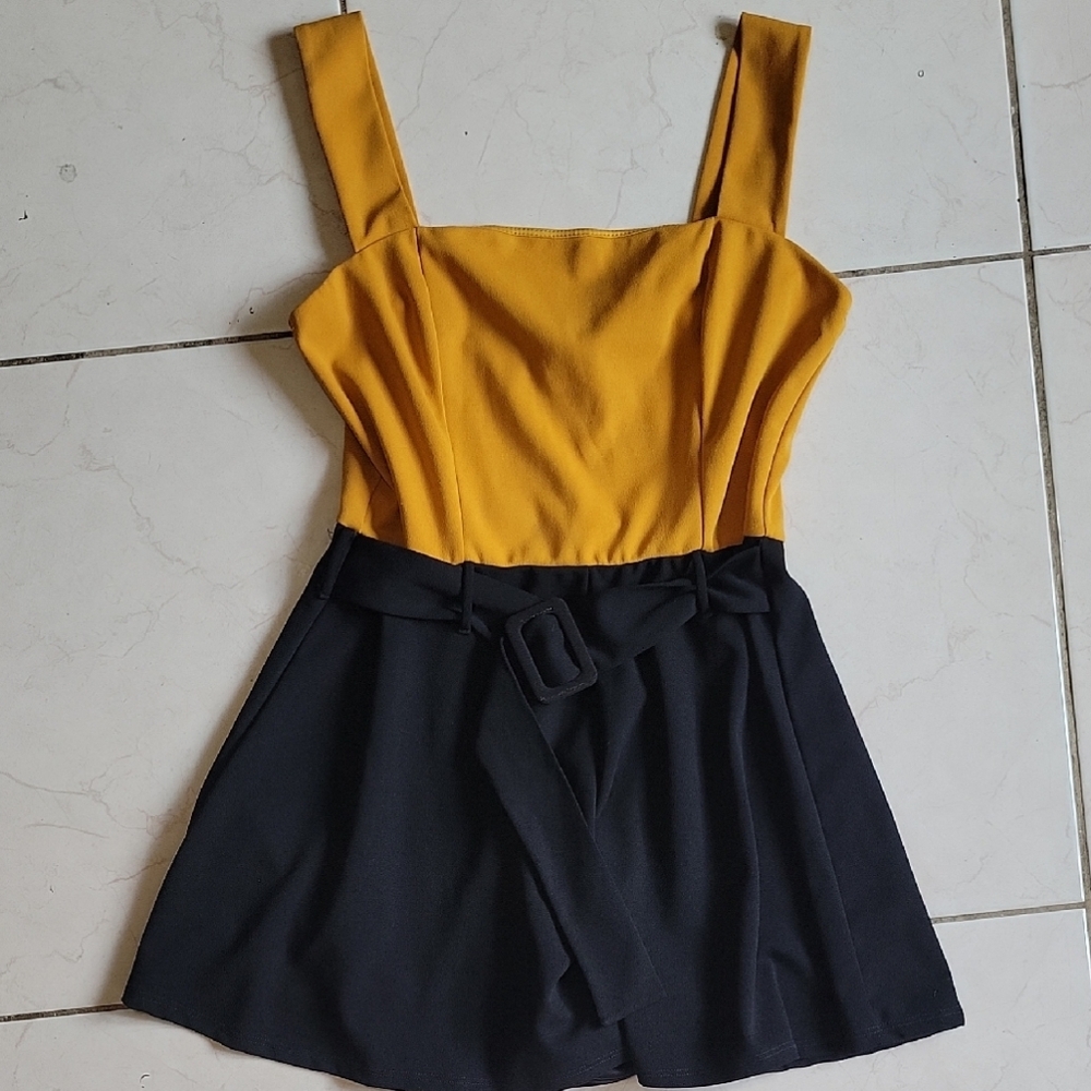 Yellow and Black Sleeveless Romper Shorts with Belt
